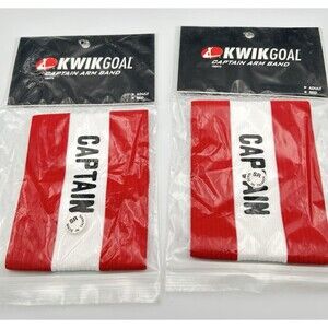 New KwikGoal Captain Arm Bands Adult Lot of 2 Red White with Black Lettering